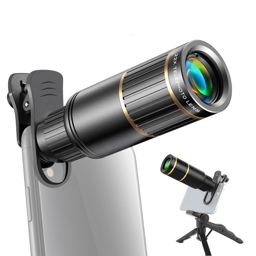 22X Phone Telephoto Lens Kit with Phone Holder Lens Clip Eyecap Cleaning Cloth Mini Tripod for Hiking Camping Wildlife Observation Moon Sports Game Concert Watching 