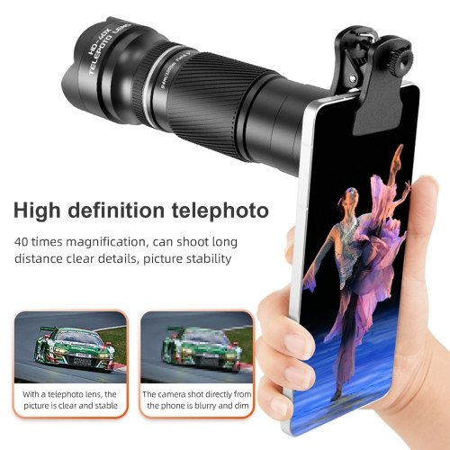 40X Zoom Lens with Tripod Phone Telephoto Lens Phone Telescope Phone Camera Lens for Hiking Camping Wildlife Observation Moon Sports Game Concert Watching