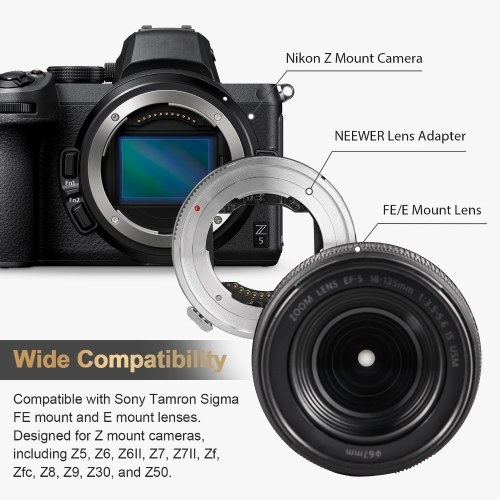 Auto Focus Lens Mount Adapter Ring Full Metal Replacement for Sony E-mount Lens Compatible with Nikon Z30 Z30II Z50 ZFC Z5 Z6 Z6II Z7 Z7II Z8 Z9 