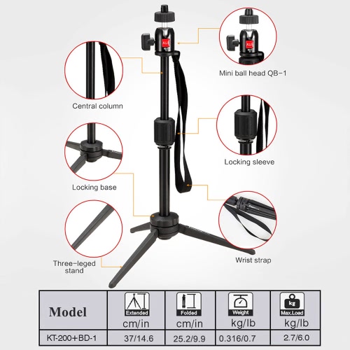 

Kingjue KT-200+BD-1 Portable Mini Aluminum Universal Travel Table-top Tripod Homes Video / Micro Photography Table Tripod Load Cap