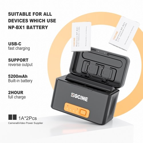 ZGCINE PS-BX1 Camera Battery Fast Charging Case 5200mAh Wireless Dual Battery Charger with Type-C Port Replacement for Sony NP-BX1 Battery 