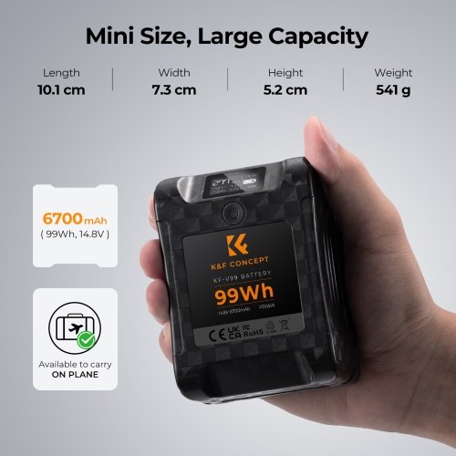 K&F CONCEPT Portable V-Lock Battery 99Wh 14.8V 6700mAh Large Capacity V-Mount Battery 