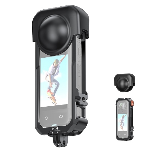 VRIG Panoramic Camera Cage Aluminum Alloy Camera Video Cage with Dual Cold Shoe Mounts Silicone Lens Cover Metal Protective Frame Replacement for Insta360 X4 Vlog Accessories 