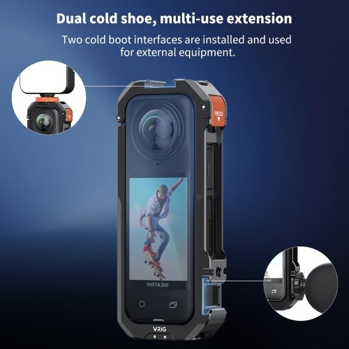 VRIG Panoramic Camera Cage Aluminum Alloy Camera Video Cage with Dual Cold Shoe Mounts Silicone Lens Cover Metal Protective Frame Replacement for Insta360 X4 Vlog Accessories 