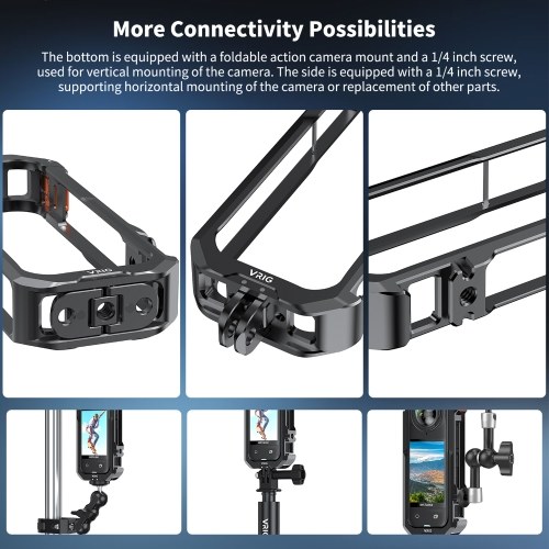 VRIG Panoramic Camera Cage Aluminum Alloy Camera Video Cage with Dual Cold Shoe Mounts Silicone Lens Cover Metal Protective Frame Replacement for Insta360 X4 Vlog Accessories 