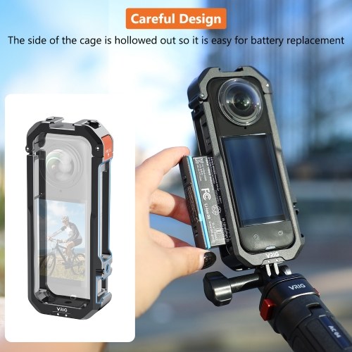 VRIG Panoramic Camera Cage Aluminum Alloy Camera Video Cage with Dual Cold Shoe Mounts Silicone Lens Cover Metal Protective Frame Replacement for Insta360 X4 Vlog Accessories 