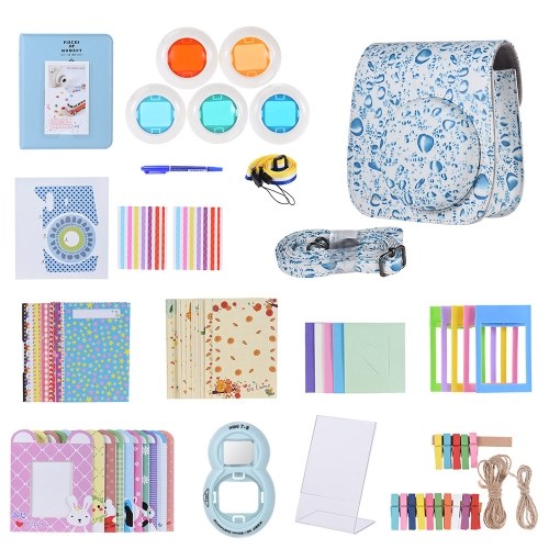 Andoer 14 in 1 Zubehörpaket für Fujifilm Instax Mini 8/8 + / 8s / 9 mit Kameratasche / Strap / Aufkleber / Selfie Objektiv / Filter / Album / Bilderrahmen / Border Sticker / Corner Sticker / Stift, blau