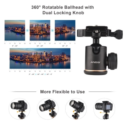 Andoer 140cm/55in Travel Tripod for Camera Aluminum Alloy Tripod Stand with Detachable Monopod 360°Rotatable Ball Head 8kg/17.6lbs Load Capacity with Carry Bag for DSLR Camcorders Phone 