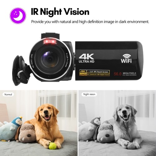 4K Digital Video Camera 3.0 Inch IPS Touchscreen WiFi Camcorder DV Recorder 56MP 18X Digital Zoom 