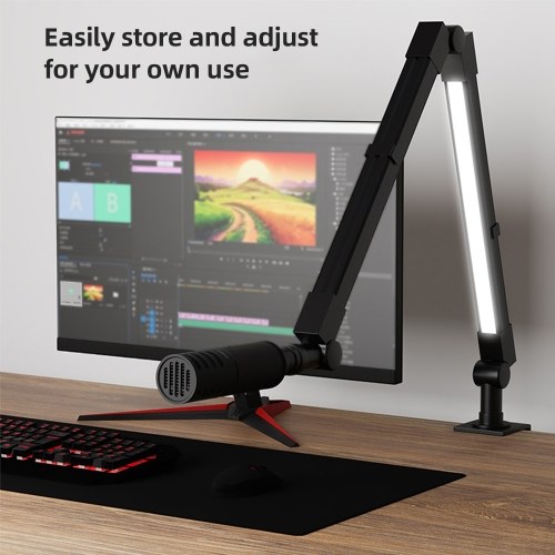 Desktop Microphone Boom Arm with LED Fill Light 2700K-6500K & Remote Control Desk Mount Mic Stand 