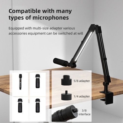 Desktop Microphone Boom Arm with LED Fill Light 2700K-6500K & Remote Control Desk Mount Mic Stand 