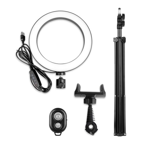 

16cm/ 6inch LED Video Ring Light Lamp Dimmable 3 Lighting Modes USB Powered with Ballhead Adapter Phone Holder 210cm Tripod Stand Wireless Remote Shutter
