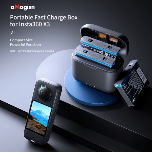 aMagisn AX05 Battery Charger with 2 Battery Channels Fast Charging Battery Box with Type-C Port and 3 Card Slots Compatible with Insta360 X3 