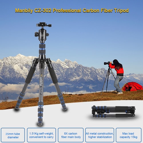 Manbily CZ-302 Professional Carbon Fiber Tripod Kit 5 Sections Travel Camera & DV Tripod Stand Includes KF-0 Ball Head Max Load 15kg