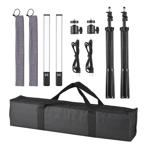 Andoer Studio Photography Light Kit Including 2 * Handheld LED Light Tube 3000K-5700K Dimmable CRI95 Built-in Battery + 2 * 2M Light Stands with USB Charging Cable Carry Bag 