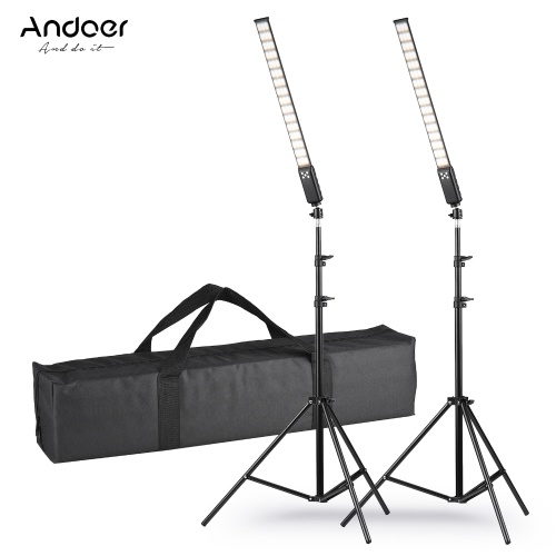 Andoer Studio Photography Light Kit Including 2 * Handheld LED Light Tube 3000K-5700K Dimmable CRI95 Built-in Battery + 2 * 2M Light Stands with USB Charging Cable Carry Bag 