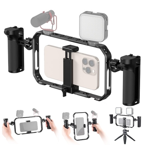 Portable Phone Video Rig Kit Smartphone Stabilizer for Video Recording Universal Phone Cage with Side Handles Cold Shoe Mounts Remote Shutter Replacement for iPhone 16/15/14/13 Android Phones 