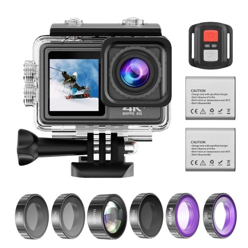 4K 24MP Dual Screen Sport Camera DV Camcorder 2.0 Inch Screen 170° Wide Angle EIS 40m Waterproof WiFi with Macro CPL ND4 8 16 Purple Lens for Outdoor Sports 