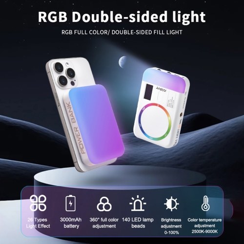 Andoer CC5 RGB Video Light Double-Sided Photography Light 2500K-9000K Dimmable Camera Phone Fill Light 26 Scene Effects Built-in Battery with Cold Shoe Adapter 