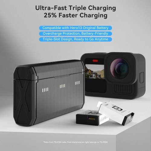 TELESIN Sports Camera Battery Charger Set with 1 * 3-slot Battery Charging Box 2 * 1950mAh Action Camera Batteries Replacement for GoPro Hero 13 