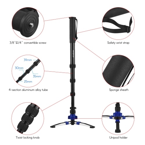 

Andoer Professional Aluminum Alloy 4-Section Telescopic Photography Monopod w/ Unipod Holder Twist Locking Design 1/4" 3/8" Screw Mounts for Canon Nikon Sony DSLR Camera Camcorder Max. Load Capacity 15kg