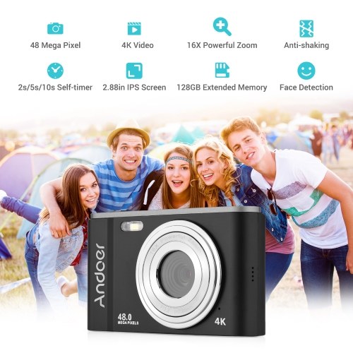 Andoer Portable Digital Camera 48MP 2.7K 2.88-inch IPS Screen 16X Zoom Auto Focus Self-Timer 128GB Extended Memory Face Detection Anti-shaking with 2pcs Batteries Hand Strap Carry Pouch 