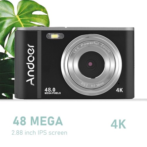 Andoer Portable Digital Camera 48MP 2.7K 2.88-inch IPS Screen 16X Zoom Auto Focus Self-Timer 128GB Extended Memory Face Detection Anti-shaking with 2pcs Batteries Hand Strap Carry Pouch 