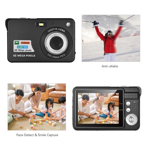 Portable 1080P Digital Camera Video Camcorder 48MP Anti-shake 8X Zoom 2.7 Inch LCD Screen Face Detact Smile Capture Built-in Lithium Battery with Carry Bag Wrist Strap for Kids Teens 