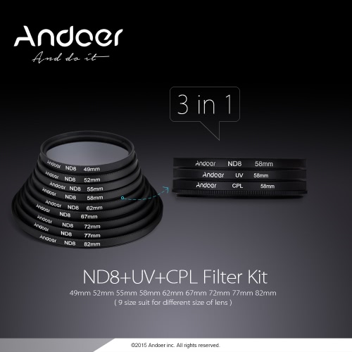 

Andoer 58mm UV+CPL+ND8 Круговой Фильтр Комплект Круглый Поляризатор Фильтр ND8 Фильтр нейтральной плотности с Сумкой для камер Nik