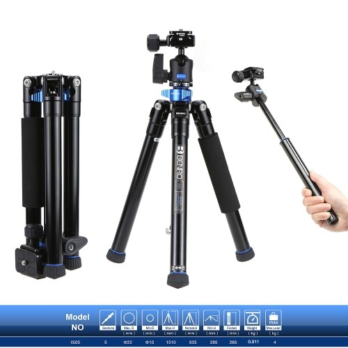 

Second Hand Benro IS05 Portable Light Aluminum Alloy Tripod Kit Center Column Can Turn to Selfie Stick for Smartphone Mirrorless Camera DSLR Camera