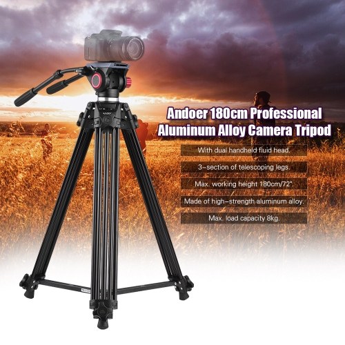 

Second Hand Andoer Professional Aluminum Alloy Video Camera Tripod with Dual Handled Fluid Hydraulic Head for Canon Nikon Sony DSLR Camera Camcorder Max Height 180cm/72" Max Load 8kg