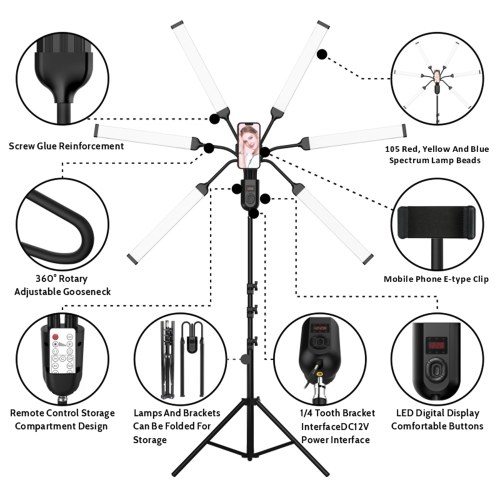 

Flexible 6-Arms LED Video Light 60W Photography Fill Light 3000K/4000K/6000K Bi-color Dimmable with Phone Holder 1.6M/63in Metal Light Stand Remote Control for Live Streaming Wedding Portrait Product Photography