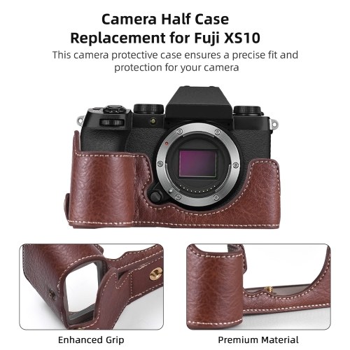 Camera Half Case Replacement for Fuji XS10 Camera Body Bottom Case PU Leather Half Camera Case with Shoulder Strap Opening Bottom and Hand Grip Design Camera Protective Case 