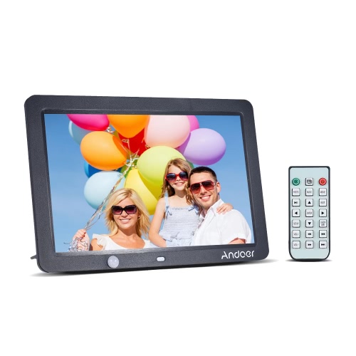 Andoer 12-Zoll-LED-Digital-Foto-Rahmen 1280 * 800 menschliche Bewegung Induktions-Detektion mit Fernsteuerungsunterstützung MP3 / MP4 / Kalender / Wecker Funktion Weihnachtsgeschenk