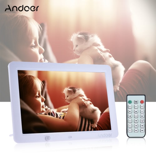 Andoer 12-Zoll-LED-Digital-Foto-Rahmen 1280 * 800 menschliche Bewegung Induktions-Detektion mit Fernsteuerungsunterstützung MP3 / MP4 / Kalender / Wecker Funktion Weihnachtsgeschenk