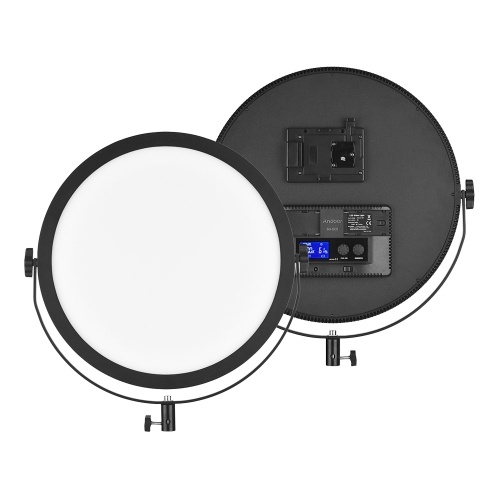 Andoer SO-50T Ultradünner Bicolor-Runder LED-Videolicht 3200K-5600K Füllen Sie das helle stufenlose aufsteckbare LCD-Display CRI 97+ Power 50W für Portrait-Hochzeits-Stillleben-Fotografie-Video