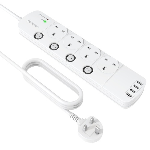 dodocool 3250W Surge Protector 1050 Joules Power Strip com 4 Portas de Carregamento USB e 4 Outlets 4.92ft Extensão Lead Cord Sobrecarga Proteção Controlada individualmente Interruptor On / Off 2 LED Indicadores para Smartphones Tablets Computador e Mais UK Plug AC 220-240V Branco