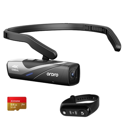 

ORDRO EP8 Head Mounted Camera 4K 60FPS Wearable Video Camera Hands-Free Vlog Camera Camcorder Built-in Anti-shake Gimbal 2.0 Fast Charge Battery 130° Wide Angle Vertical Recording Mode APP Control with Remote Control + 64G Memory Card + Fast Charging Plug