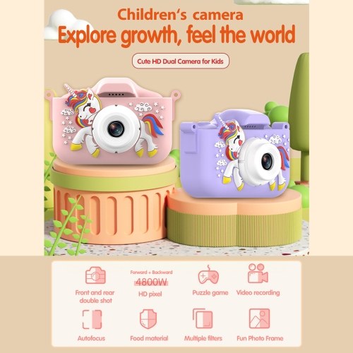 1080P Cute Digital Camera Kids Camera 48MP HD Children Camera Kids Selfie Camera for Boys And Girls with 2.0-inch IPS Screen OTG Function Dual Lenses 32GB Memory Card Birthday Gift Festival Gift Great Gift for Kids Aged 3-12 Year Old 