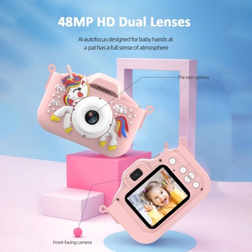 1080P Cute Digital Camera Kids Camera 48MP HD Children Camera Kids Selfie Camera for Boys And Girls with 2.0-inch IPS Screen OTG Function Dual Lenses 32GB Memory Card Birthday Gift Festival Gift Great Gift for Kids Aged 3-12 Year Old 