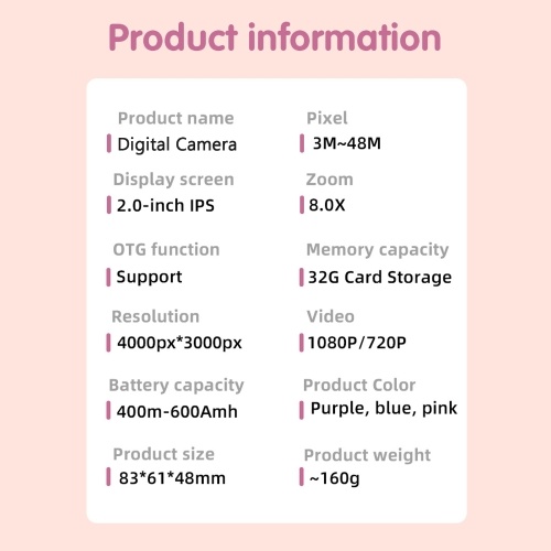 1080P Cute Digital Camera Kids Camera 48MP HD Children Camera Kids Selfie Camera for Boys And Girls with 2.0-inch IPS Screen OTG Function Dual Lenses 32GB Memory Card Birthday Gift Festival Gift Great Gift for Kids Aged 3-12 Year Old 