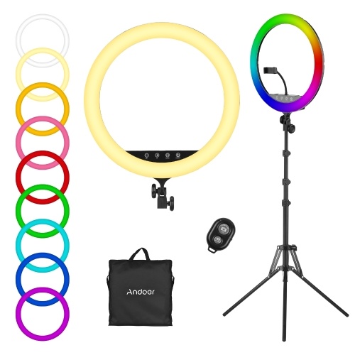 Andoer Kit luce ad anello RGB da 18 pollici con luce ad anello per selfie a LED 2500K-8500K Pulsante a sfioramento dimmerabile / Controllo APP + Supporto per luce in metallo da 190 cm / 75 pollici + Clip per telefono flessibile + Otturatore remoto Wirelss + Borsa per il trasporto per lo streaming dal vivo Video online Trucco per selfie Vlog