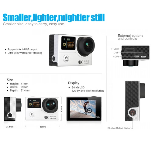 

2 Inch Dual Screen LCD Ultra HD Wifi Sports Action Camera 4K 15fps 1080P 60fps 12MP 170° Wide-angle for HD Output Waterproof 30m C