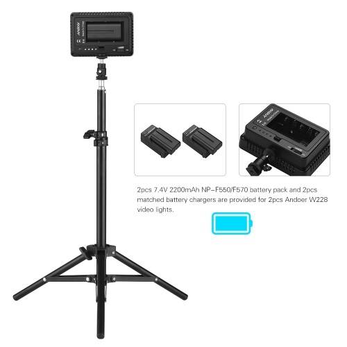 

Andoer LED Video Light Kit include 2pcs W160 5600K Mono-Color Dimmable LED Video Light+6pcs Color Filters+2pcs Max. 72cm Light Stand+2pcs 7.4V 2200mAh Matched Battery & Battery Charger for ILDC DSLR Cameras