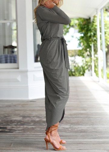 

Leisure Style Pure Color Long-sleeved Slit Dress