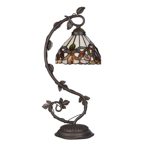 

Table Lamp Stained Glass Lampshade Bedside Desk Lamp with Retro Metal Leaf Thin Base 21-inch Tall for Bedroom Living Room LED Bulb Excluded