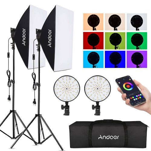 Andoer Studio Photography RGB-Softbox-Beleuchtungskit APP-Steuerung mit 20 * 28-Zoll-Softbox * 2 / 50W 3200K-5500K RGB-Licht * 2 / 2M-Lichtstativ * 2 / Tragetasche * 1 für Live-Streaming-Porträt-Produktaufnahmen