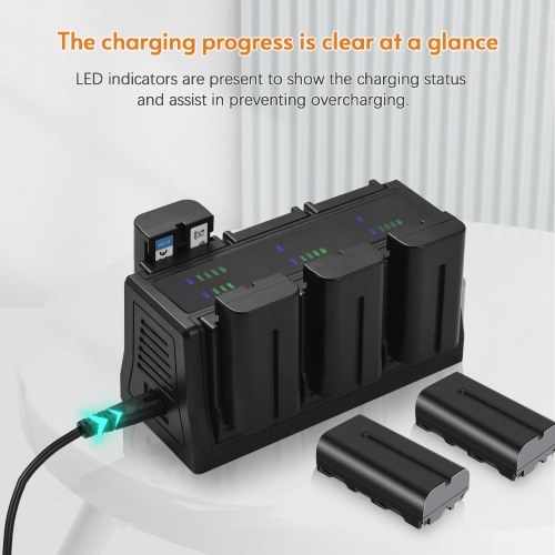 

NP-F550 Battery Charger 6-Slot Charger with LED Indicators Detachable Charging Base