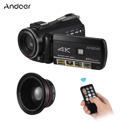 Andoer AC3 4K UHD 24MP Videocámara digital Videocámara DV Recorder con Extra 0.39X Lente Gran Angular