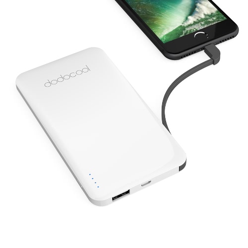 dodocool MFi Certified Ultra Slim 5000 mAh 2-Port Power Bank Carregador portátil de backup bateria externa com cabo destacável Micro cabo USB e Relâmpago Cabo Branco carregamento 40 centímetros Micro-USB